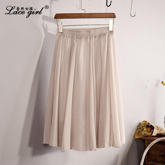 New Fashion Women's 23 Color High Waist Chiffon Pleated Midi Skirt 2017 Summer