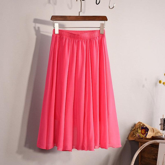 New Fashion Women's 23 Color High Waist Chiffon Pleated Midi Skirt 2017 Summer