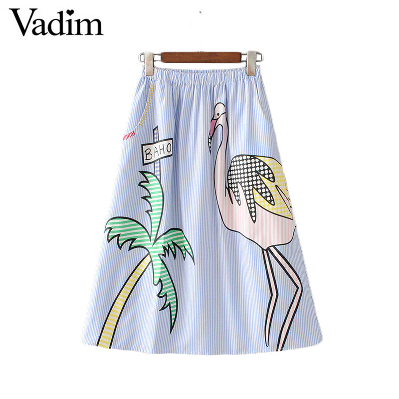 Women sweet coconut tree print striped skirts faldas mujer elastic waist pockets ladies