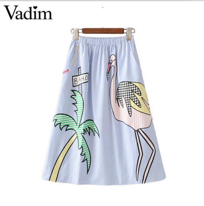 Women sweet coconut tree print striped skirts faldas mujer elastic waist pockets ladies