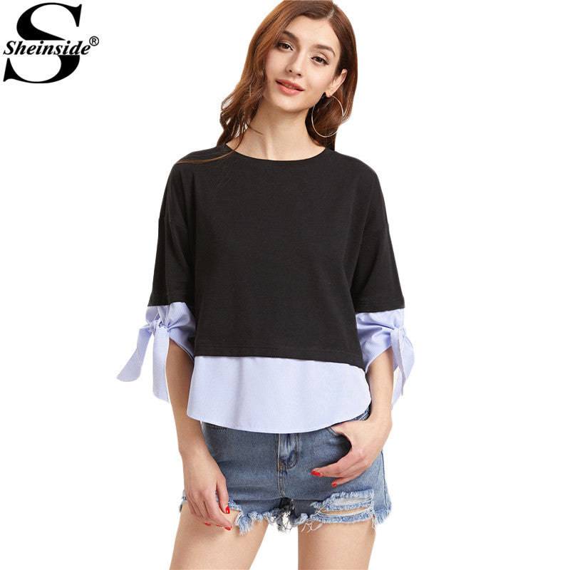 Sheinside Tie Sleeve 2 In 1 Cute T-shirt Women Black Contrast Striped Trim Summer Tops - Shopy Max