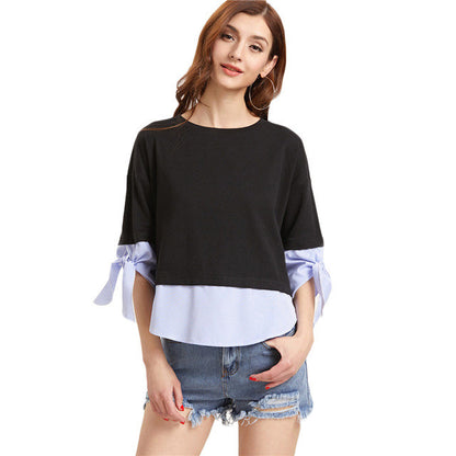 Sheinside Tie Sleeve 2 In 1 Cute T-shirt Women Black Contrast Striped Trim Summer Tops - Shopy Max