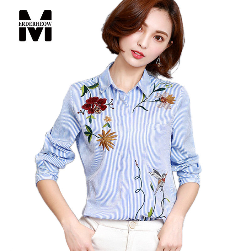 Merderheow New 2017 Spring Women's Embroidered Striped Blouses Shirts Female - Shopy Max