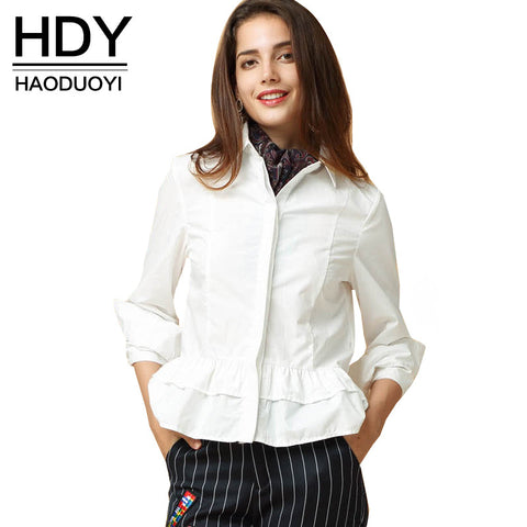 HDY Haoduoyi Fashion Blouse Women Ruffle Hem Chiffon Shirt Turn-Down Collar Long