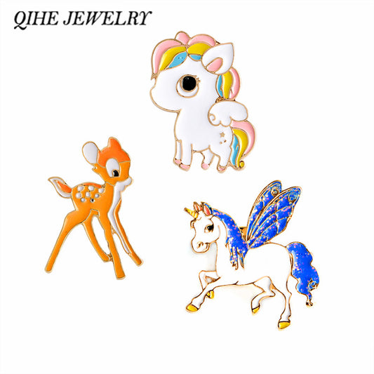 QIHE JEWELRY Candy Unicorn Rainbow Little Pony Deer Cute Enamel Pin Button Badges Gift For Child Jewelry - Shopy Max
