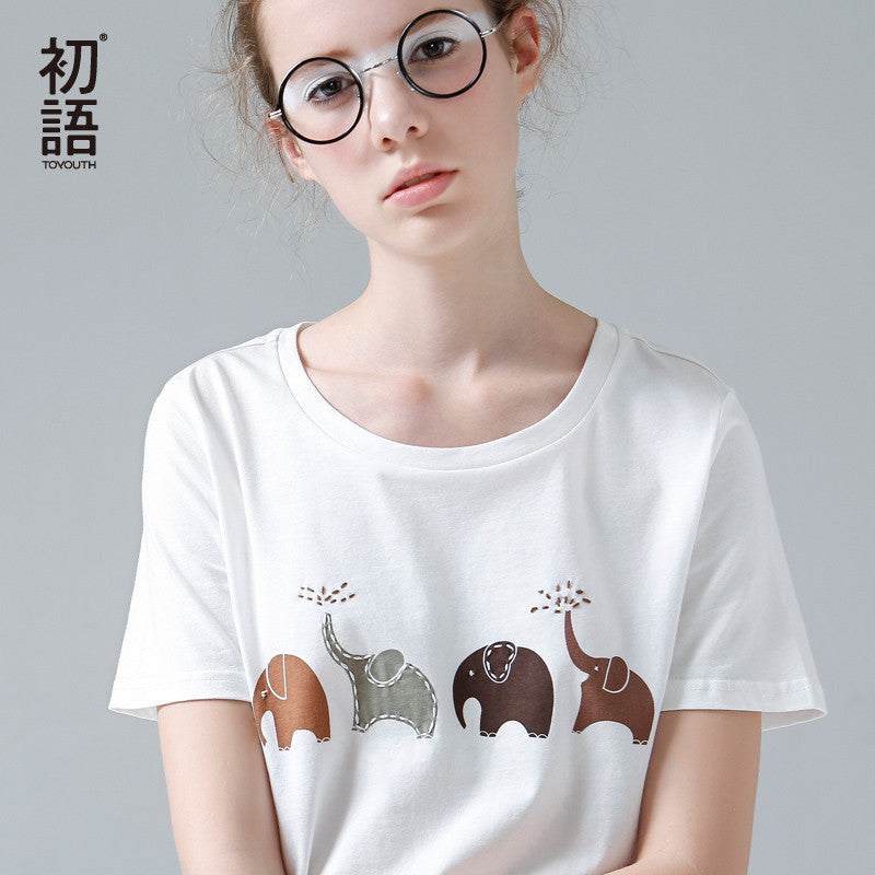 Toyouth Summer Women T shirt Elephant Animal Printed Loose Short sleeve Harajuku Style Casual - Shopy Max