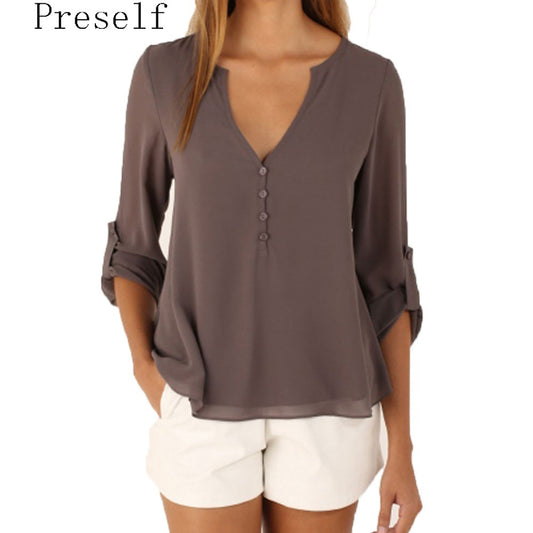 Preself Blouse Chiffon Shirt Tops Women V Neck Long Sleeved Shirt Ladies Casual Large - Shopy Max