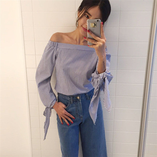 Women Blouse Elegant Bow Blue Off Shoulder Female Blouse Shirt Sexy Summer 2017