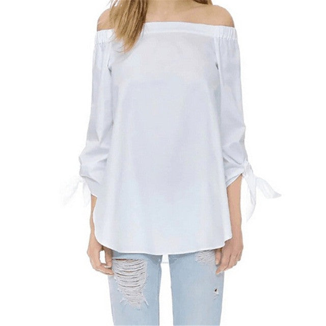 Women Blouse Elegant Bow Blue Off Shoulder Female Blouse Shirt Sexy Summer 2017