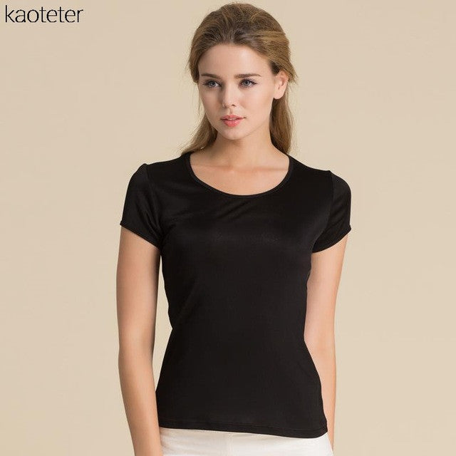 100% Pure Silk Women's T-Shirts Femme Tops Tees Shirt Women Casual Solid Candy Color