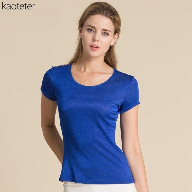 100% Pure Silk Women's T-Shirts Femme Tops Tees Shirt Women Casual Solid Candy Color