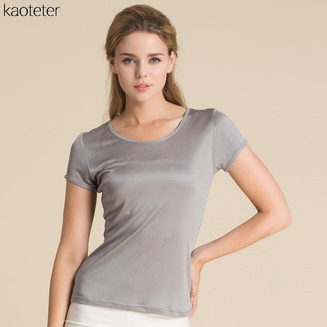 100% Pure Silk Women's T-Shirts Femme Tops Tees Shirt Women Casual Solid Candy Color