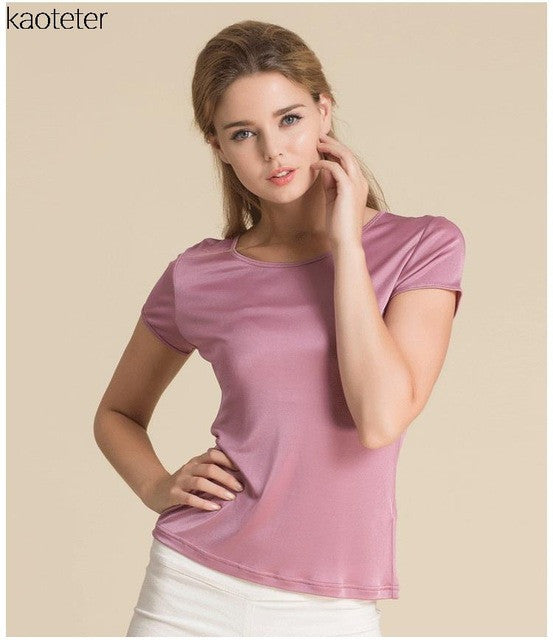 100% Pure Silk Women's T-Shirts Femme Tops Tees Shirt Women Casual Solid Candy Color