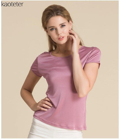 100% Pure Silk Women's T-Shirts Femme Tops Tees Shirt Women Casual Solid Candy Color