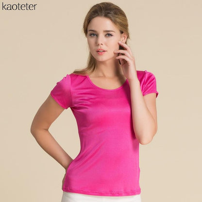 100% Pure Silk Women's T-Shirts Femme Tops Tees Shirt Women Casual Solid Candy Color