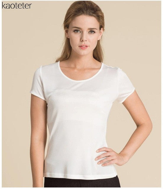 100% Pure Silk Women's T-Shirts Femme Tops Tees Shirt Women Casual Solid Candy Color