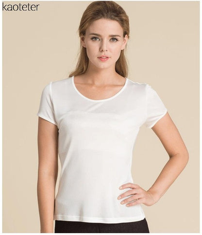 100% Pure Silk Women's T-Shirts Femme Tops Tees Shirt Women Casual Solid Candy Color