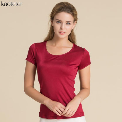 100% Pure Silk Women's T-Shirts Femme Tops Tees Shirt Women Casual Solid Candy Color