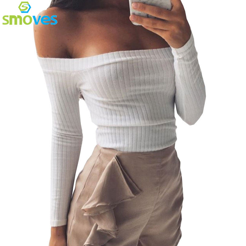 Smoves Sexy Off Shoulder Women Knitted Sweater Tops Autumn Winter Pullover Crop Tops