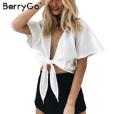 BerryGo Summer deep v neck bow crop top Casual short sleeve white tank top streetwear