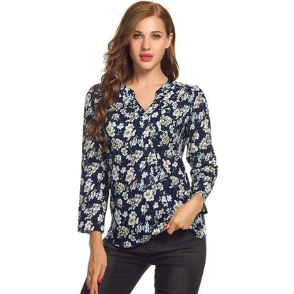Meaneor Women Floral Print Blouse Tops 1950s 60s Vintage Autumn Clothing Casual Roll Up Sleeve
