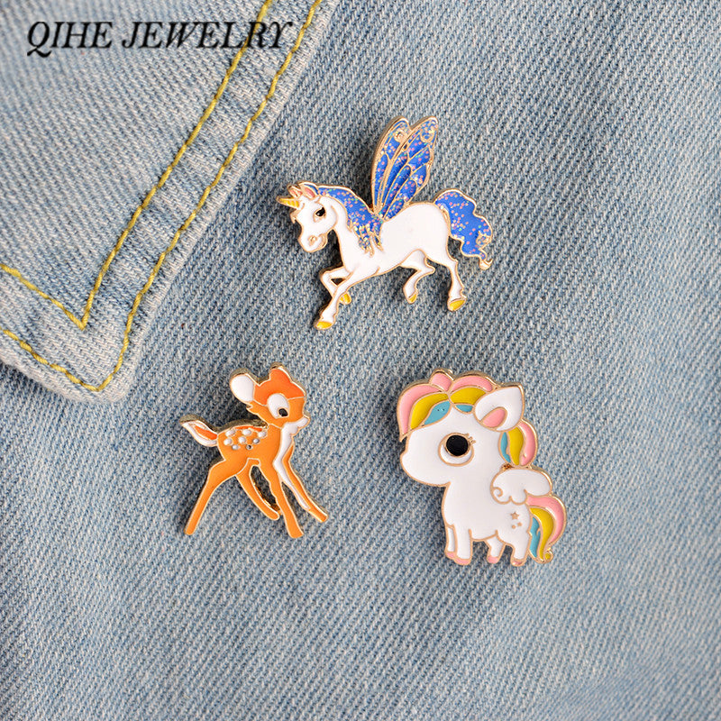QIHE JEWELRY 3PCS/Set Candy Unicorn Rainbow Little Pony Deer Cute Enamel Pin Button - Shopy Max