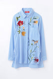 Women summer Embroidery Blouse cotton Shirt Sleeve Turn-down Collar White Blue Striped Tops