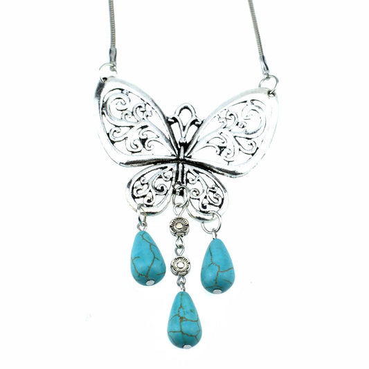 NR114 butterfly Howlite Stone Sweater Tibet Silver Color vintage necklace Pendant Jewelry Jewellery Bijouterie gift for her