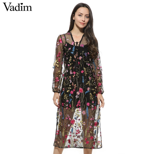 Women sexy floral embroidery mesh maxi dress transparent