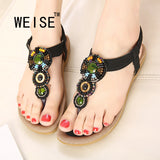 WEISE 2016 Bohemian Shoes Woman Diamond Comfortable Flat Women Sandals Rubber Hand-Beaded - Shopy Max