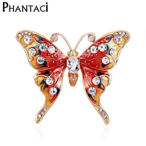 Trendy Enamel Red Butterfly Brooch Corsages Jewelry Shining Crystal Vintage