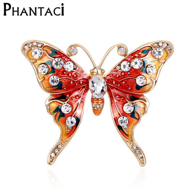 Trendy Enamel Red Butterfly Brooch Corsages Jewelry Shining Crystal Vintage - Shopy Max