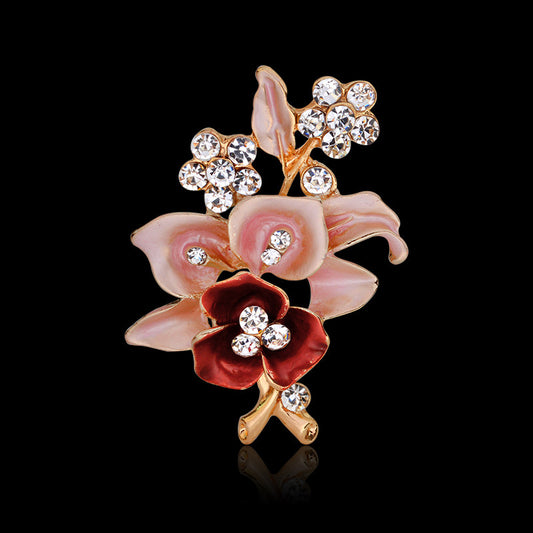 Crystal Pink Flowers Metal Brooch Enamel Pin For Women Fashion Vintage Dress Corsage Collar