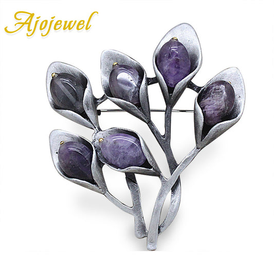 Ajojewel Red Green Purple Semi-precious Stone Branch Designer Pins Brooch