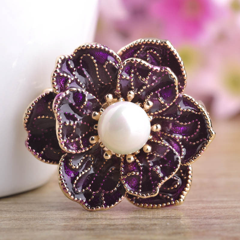 Elegant Simulated-Pearl Brooches Purple Gold color Rose Flower Broches Enamel Pin Scarf Dress