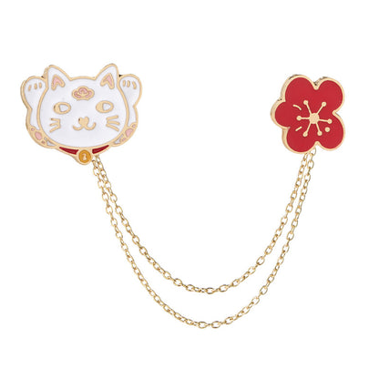 Lucky Cat Flower Enamel pins Badge Wishing for Wealth And Romantic Chain Linked Collar Pin