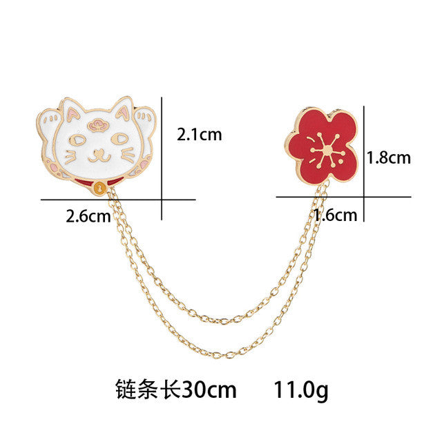 Lucky Cat Flower Enamel pins Badge Wishing for Wealth And Romantic Chain Linked Collar Pin