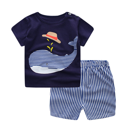 Cartoon Print Cloth Sets Summer Baby Boys Girls T Shirts + Casual Striped Pants Suit 2PCs Hot