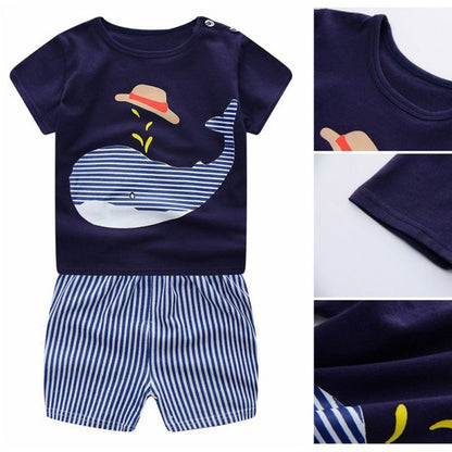 Cartoon Print Cloth Sets Summer Baby Boys Girls T Shirts + Casual Striped Pants Suit 2PCs Hot