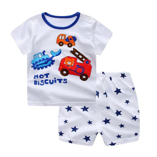 Cartoon Print Cloth Sets Summer Baby Boys Girls T Shirts + Casual Striped Pants Suit 2PCs Hot