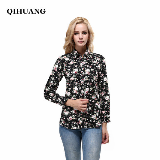 QIHUANG Fashion Brand Women Chiffon Tops Vintage Floral Cotton Turn Down Collar 2017 - Shopy Max