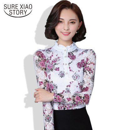 New 2017 Fashion Blusa Women Brand shirt Slim Pirnted shirt long-sleeved Female lace
