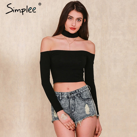 Simplee European style sexy off shoulder black t-shirt women tops long sleeve halter - Shopy Max