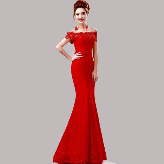 Hot Sale Elegant Beads Lace Mermaid Long Evening Dress 2016 Cheap Red
