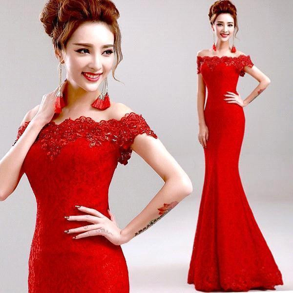 Hot Sale Elegant Beads Lace Mermaid Long Evening Dress 2016 Cheap Red