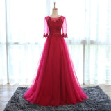 R14 Free Returns Elegant Wine Colored Evening Dress With Sleeves Appliqued Tulle - Shopy Max
