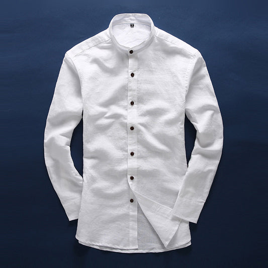 Men White Linen Shirt Stand Collar Chinese Traditional Mandarin Collar Cotton Dress