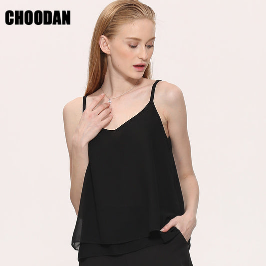 Chiffon Tank Top Women 2017 New Summer Sleeveless Shirt Sexy V-neck Cami Loose