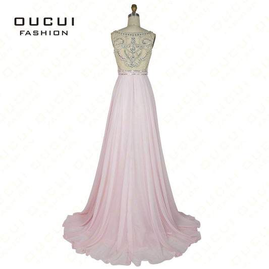 Real Photo Formal Gown See Through Back Beading Handwork Chiffon Prom Long Evening Dresses OL102830 - Shopy Max