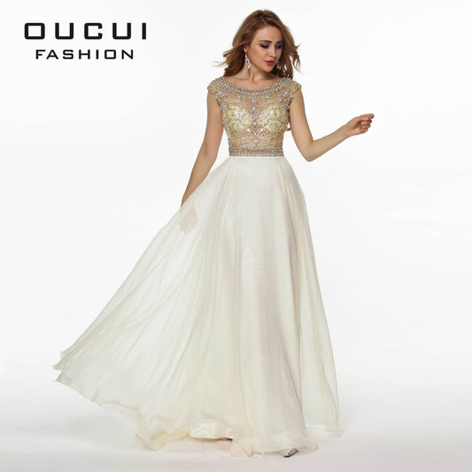 Real Photo Nude Color Tulle Chiffon Fabric See Through Beading Handwork Long Prom Dress OL102363 - Shopy Max